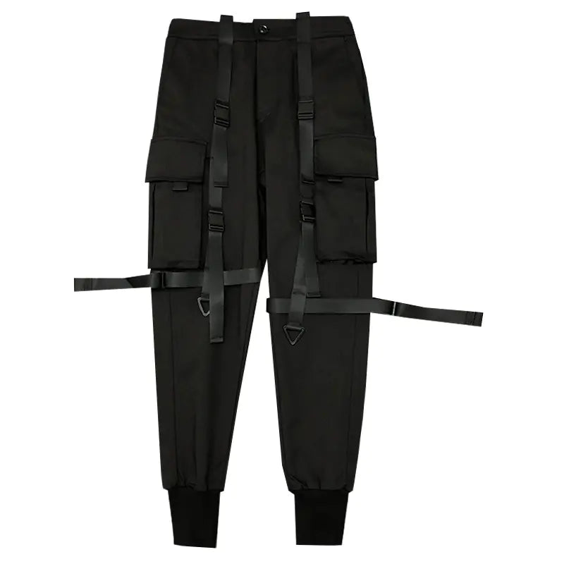 Black cargo pants with multiple pockets and straps on a white background