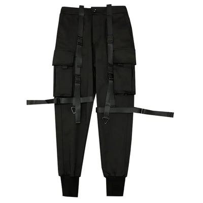 Black cargo pants with multiple pockets and straps on a white background