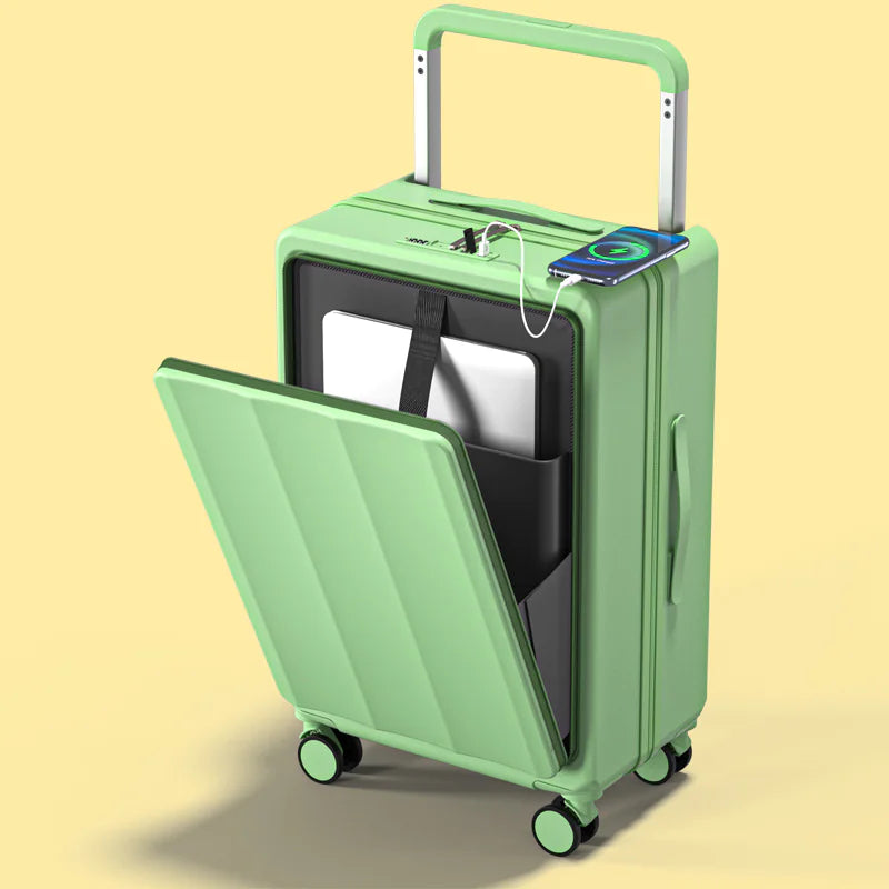 Green suitcase with open front compartment on a yellow background