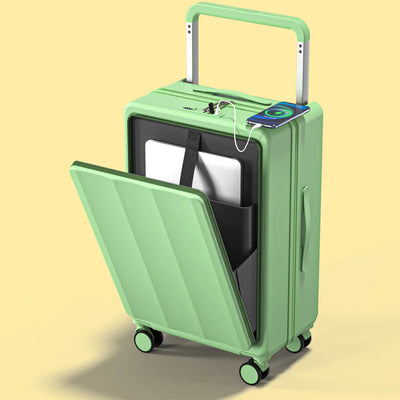 Green suitcase with open front compartment on a yellow background