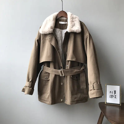 Brown coat with fur collar on a hanger against a gray background