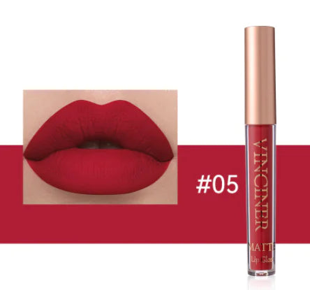 Red lipstick with a close-up of lips wearing the color, branded 'Vincent Van' on a white background.