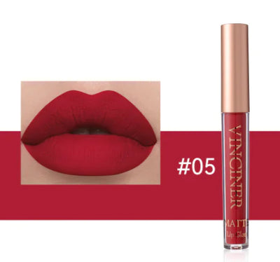 Red lipstick with a close-up of lips wearing the color, branded 'Vincent Van' on a white background.