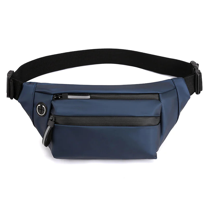 Blue waist bag with black strap and zippers on a white background