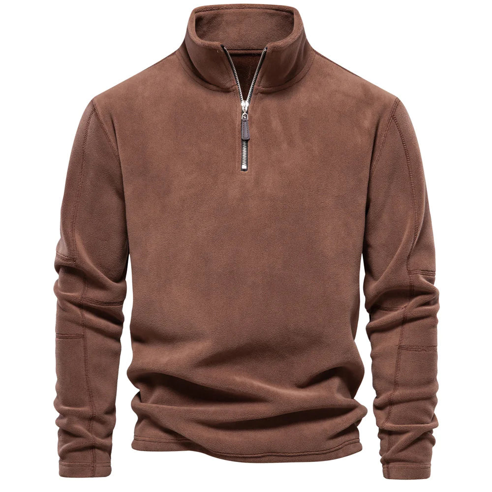 Brown fleece pullover with a zipper on a white background