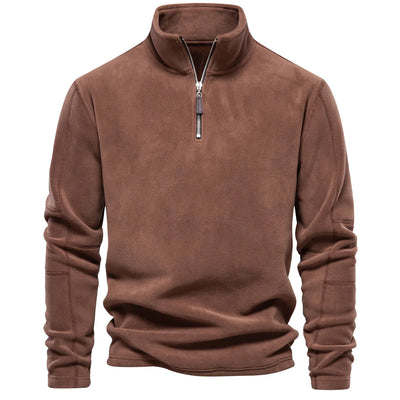Brown fleece pullover with a zipper on a white background