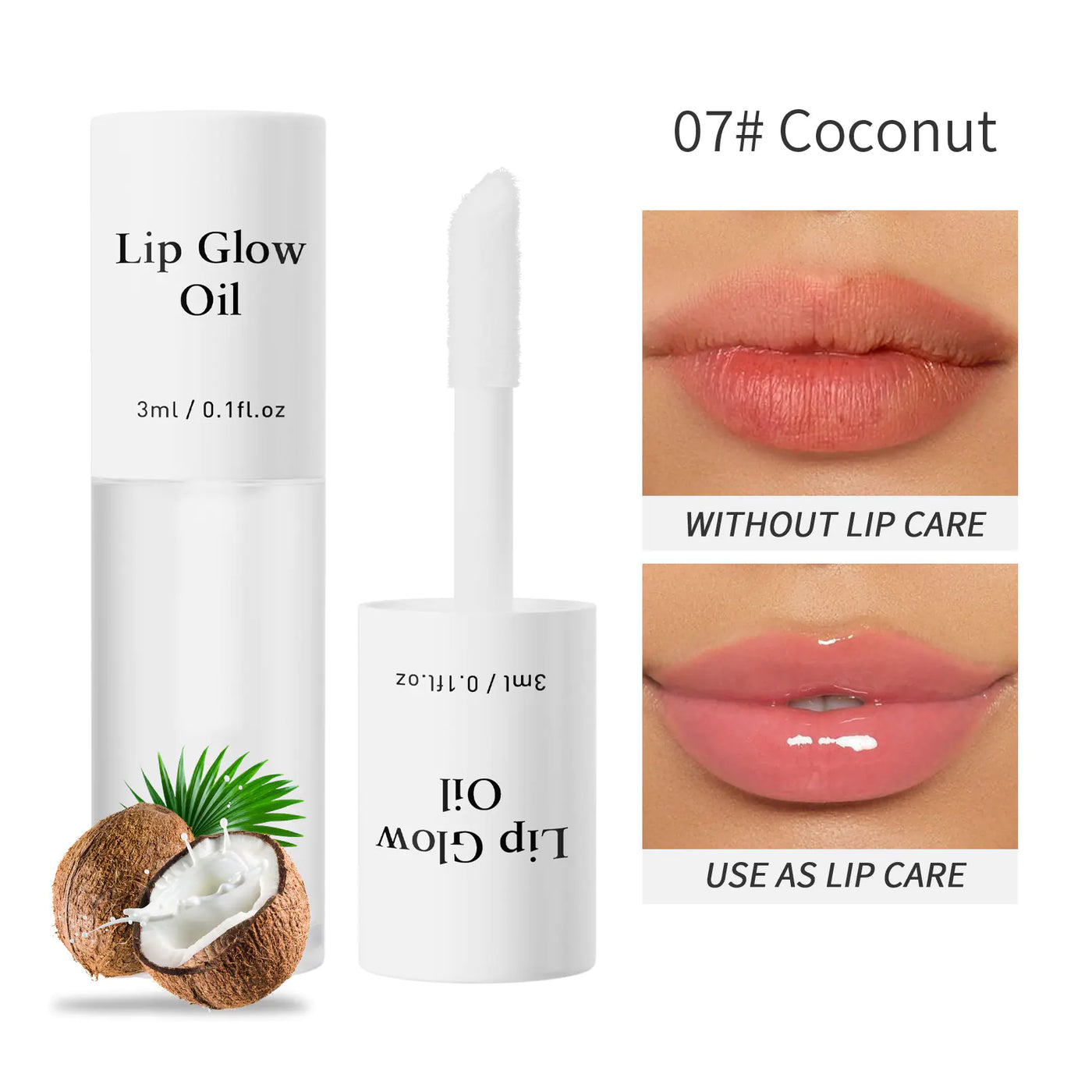Lip Glow Oil packaging with a coconut illustration and before/after comparison of lips.