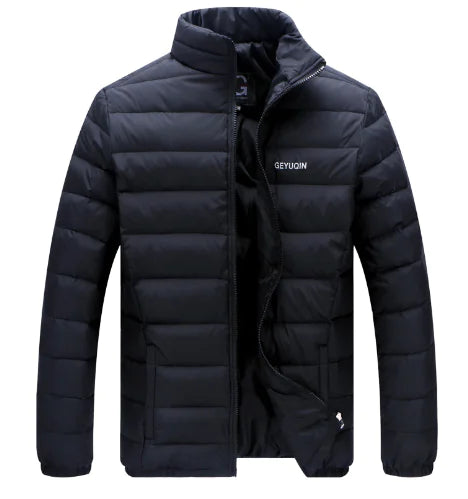 Black puffer jacket with brand logo on a white background