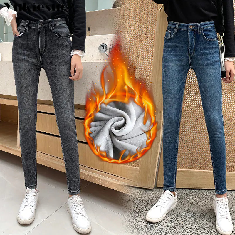 high waist fleece denim leggings with boots