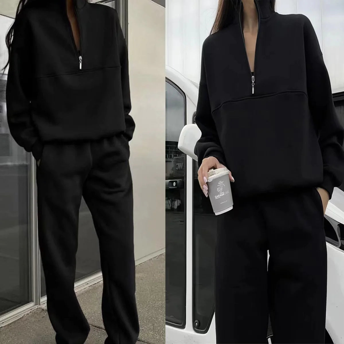 Person wearing a black tracksuit holding a coffee cup in an urban setting.