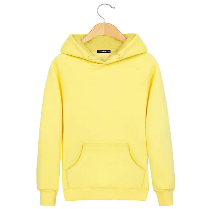 Yellow hoodie on a hanger against a white background