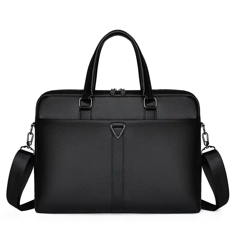 Black briefcase with shoulder strap on a white background