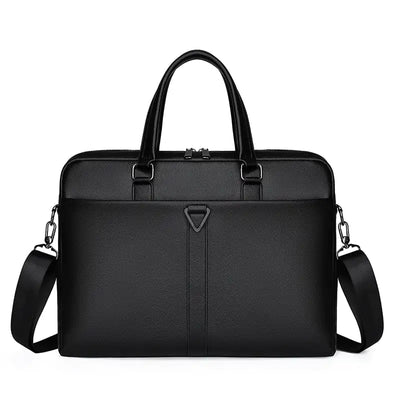 Black briefcase with shoulder strap on a white background
