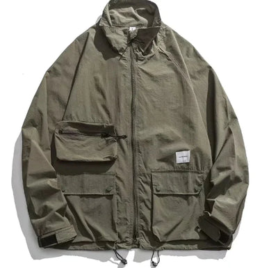 Green jacket with multiple pockets on a white background