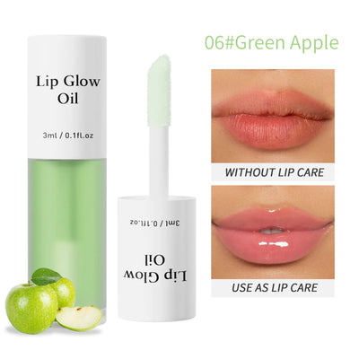 Lip Glow Oil packaging with green apple flavor label, lip care comparison, and green apples.
