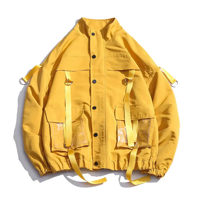 Yellow jacket with multiple pockets and straps on a white background