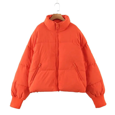 women's orange winter cotton jacket with zipper pockets