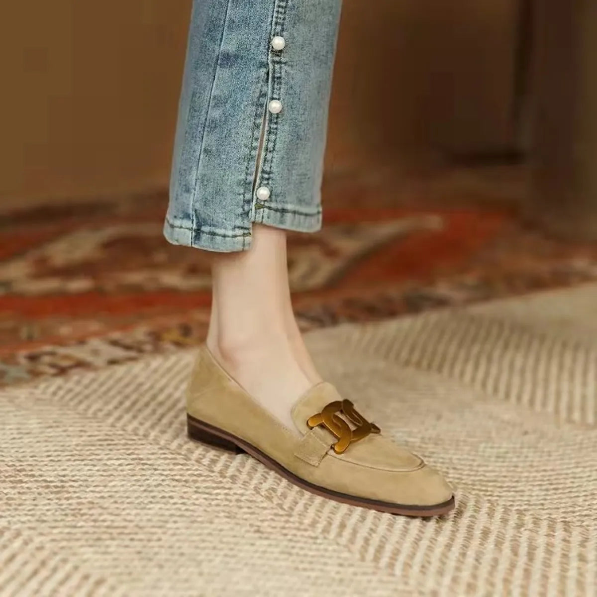 Metal Buckleslat Brown Suede Shoes front view