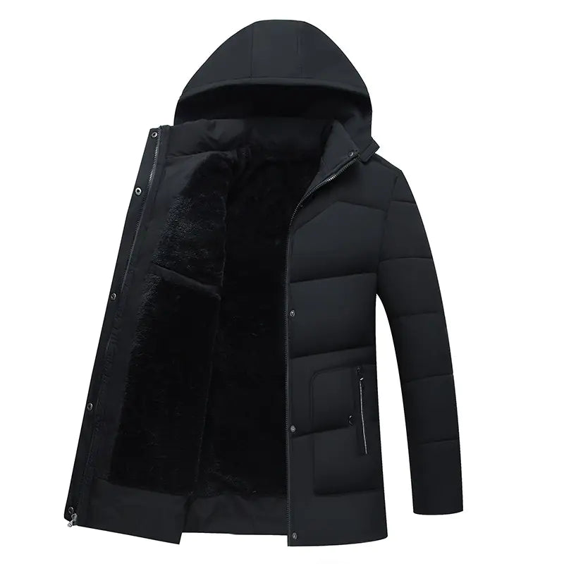 Black winter jacket with a hood on a white background