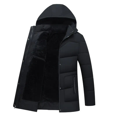 Black winter jacket with a hood on a white background