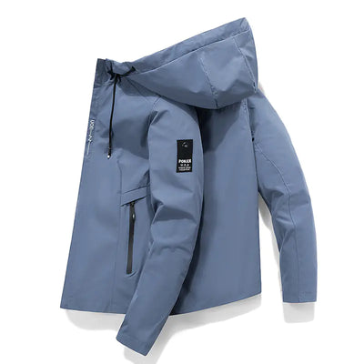 Blue jacket with a hood on a white background