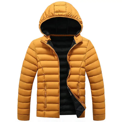 Yellow puffer jacket with a hood on a white background