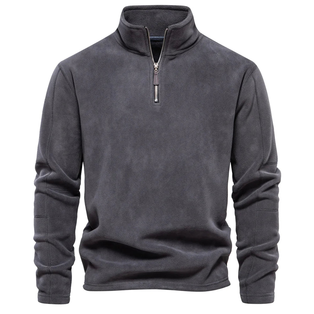 Gray pullover with a quarter zip on a white background