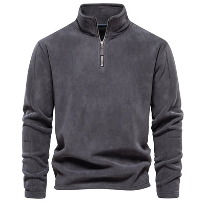 Gray pullover with a quarter zip on a white background