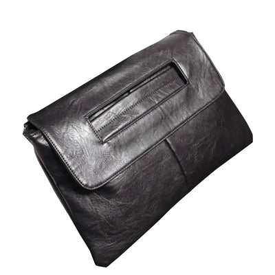 Black leather clutch bag on a white background