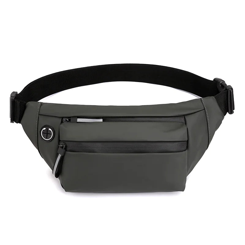 Gray waist bag with a black strap on a white background