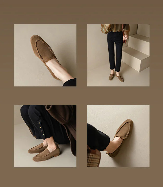 Women's Suede Loafers - Classic Retro Slip-On Shoes - black front view