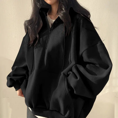 Fleece-lined Pullover Zipper Hoodie for Women - black color option