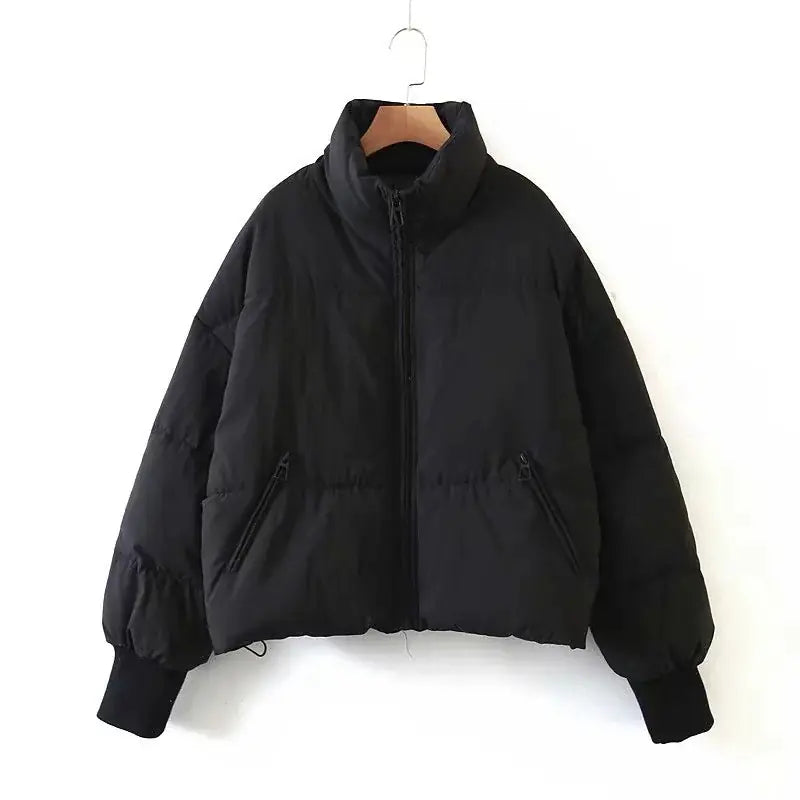 women's mat black winter cotton jacket with zipper pockets