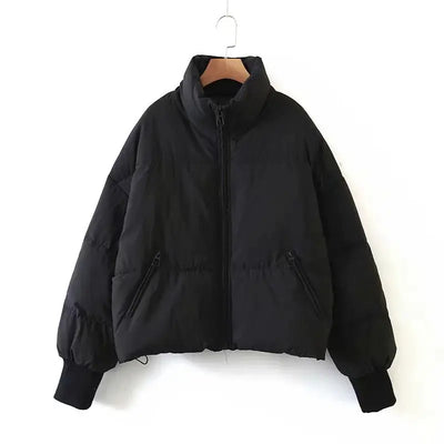 women's mat black winter cotton jacket with zipper pockets