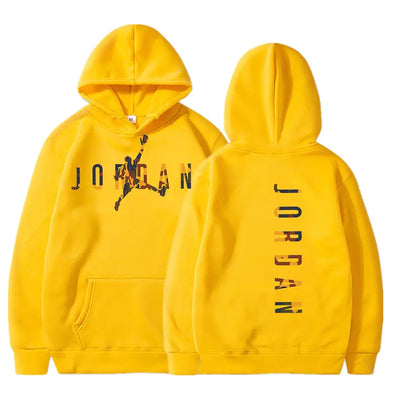 Yellow hoodie with Jordan logo on front and back