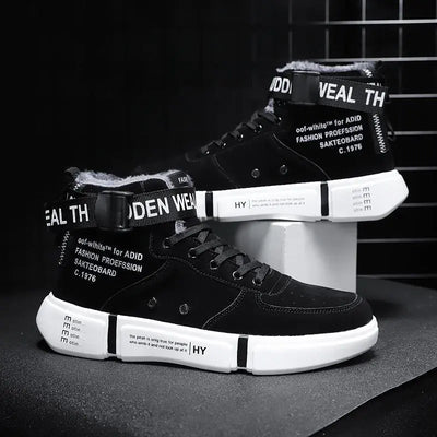 Black high-top sneakers with white text on a dark background