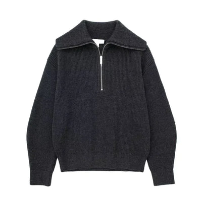 Dark gray sweater with a quarter zip on a white background