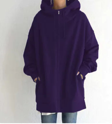 long Purple hoodie worn by a person on a white background