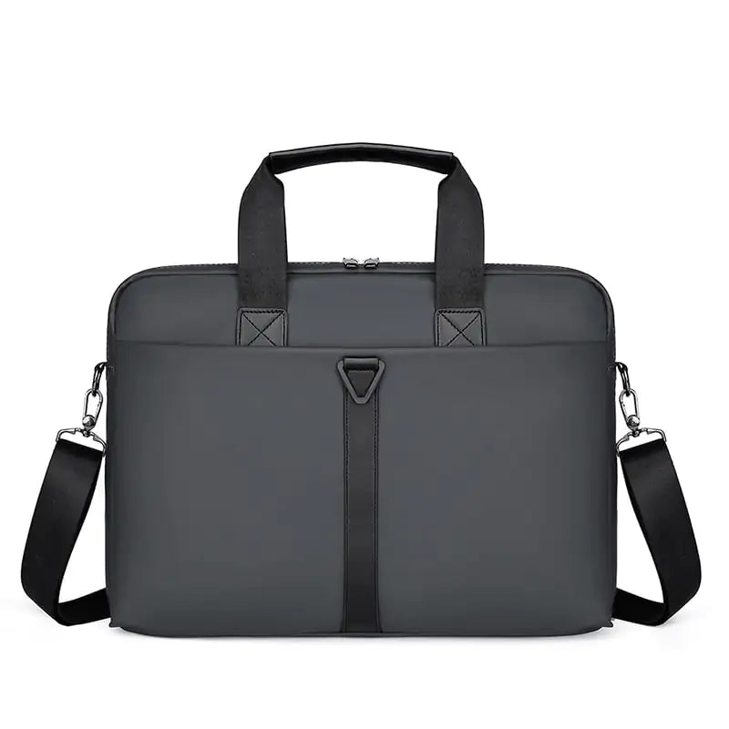 Gray briefcase with shoulder strap on a white background