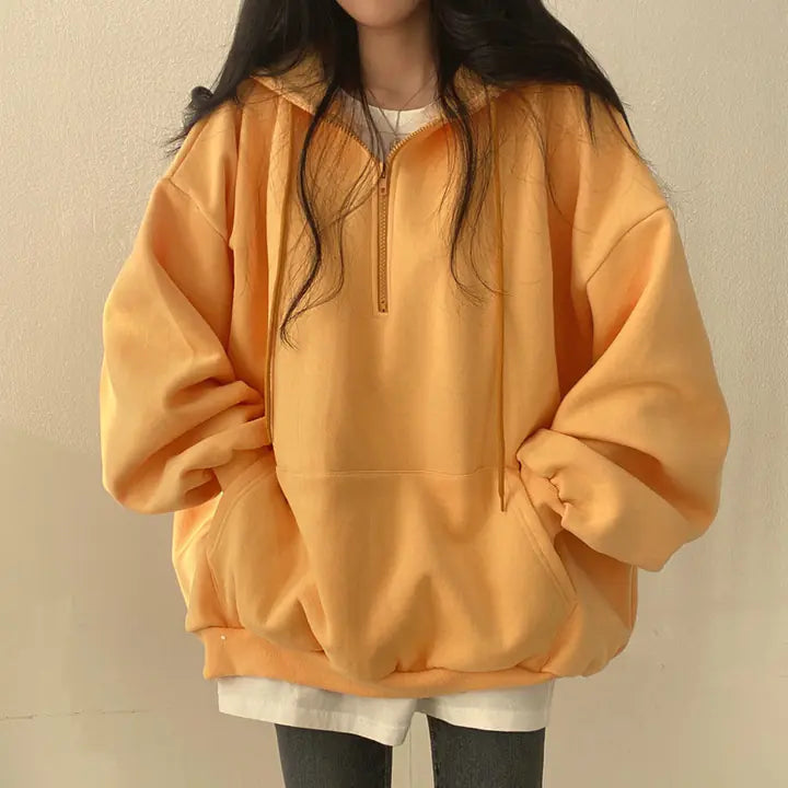 Fleece-lined Pullover Zipper Hoodie for Women - orange color option