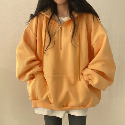 Fleece-lined Pullover Zipper Hoodie for Women - orange color option