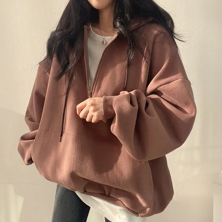Fleece-lined Pullover Zipper Hoodie for Women - brown color option