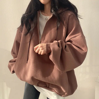 Fleece-lined Pullover Zipper Hoodie for Women - brown color option