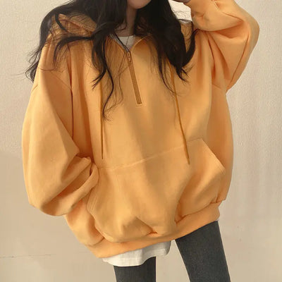 Fleece-lined Pullover Zipper Hoodie for Women - orange color option