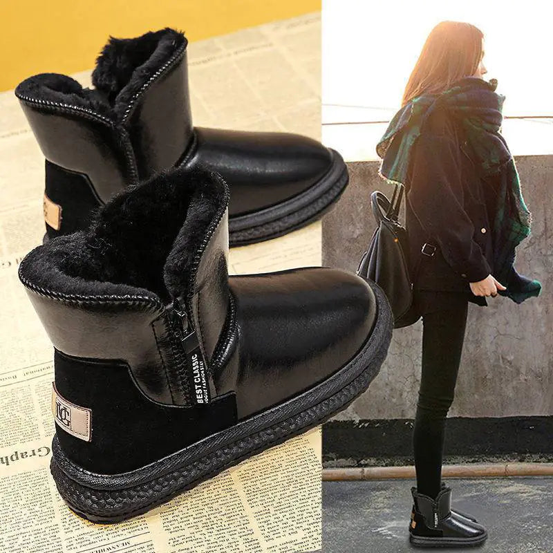 Black winter boots with fur lining on a newspaper background, paired with a person wearing the boots outdoors.