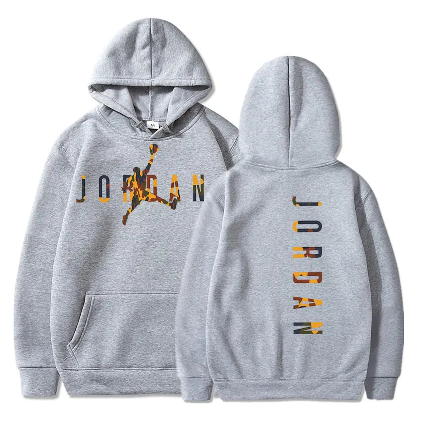 Gray hoodie with Jordan branding on front and back