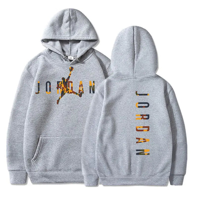 Gray hoodie with Jordan branding on front and back