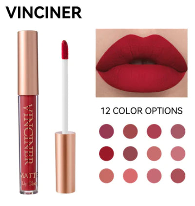 Lipstick with applicator and color swatches on a white background, featuring the brand 'Vinciner'.